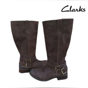 Clark Plaza Steer Cognac Brown Suede Leather Tall Dress Heel Boot Ride Women 9